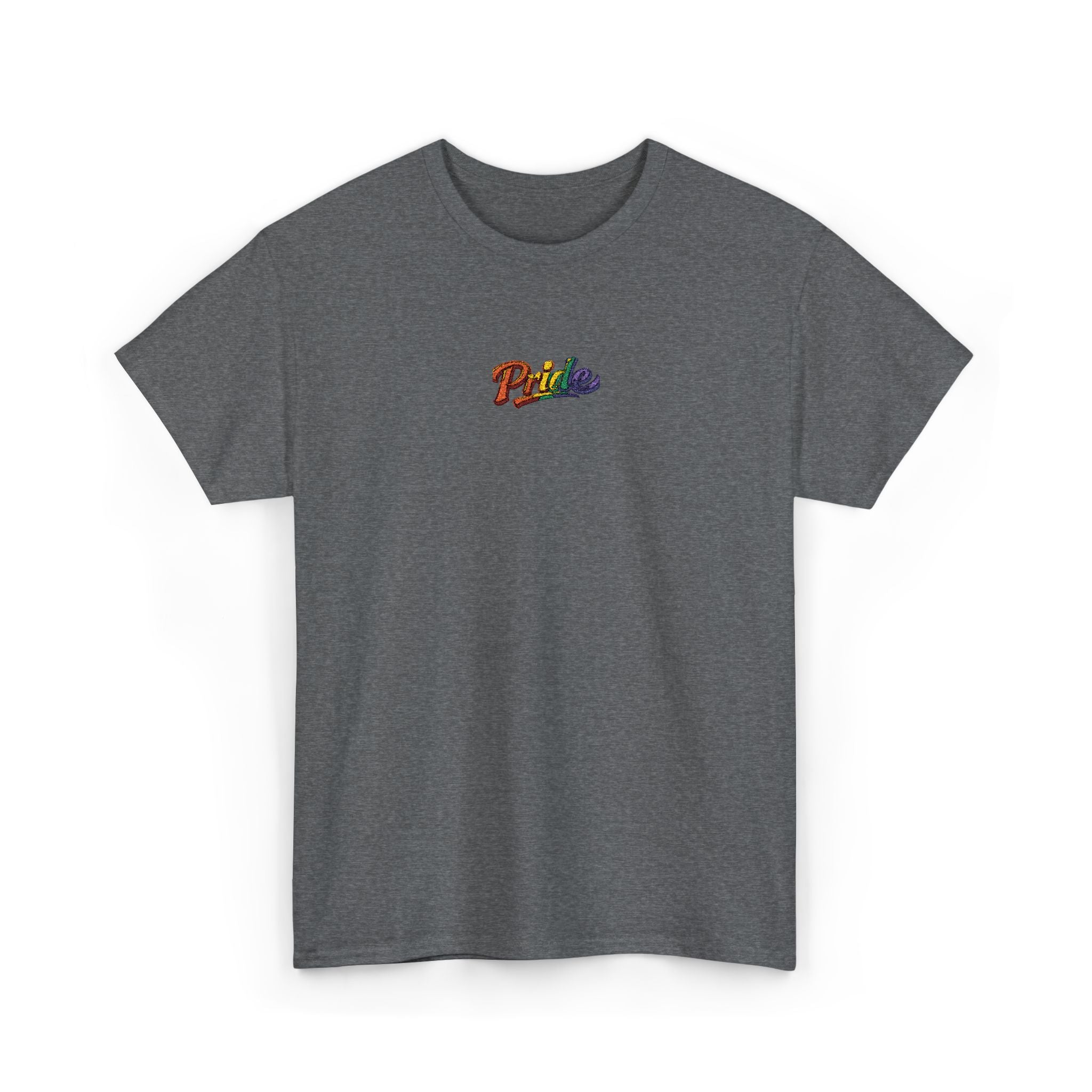 Pride Rainbow Script Tee — "Pride" Small Chest Graphic