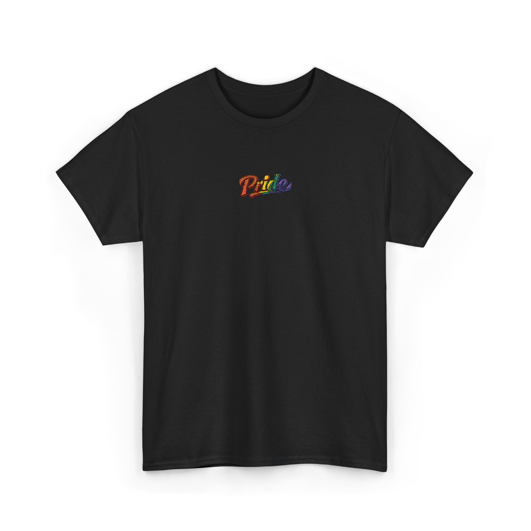Pride Rainbow Script Tee — "Pride" Small Chest Graphic