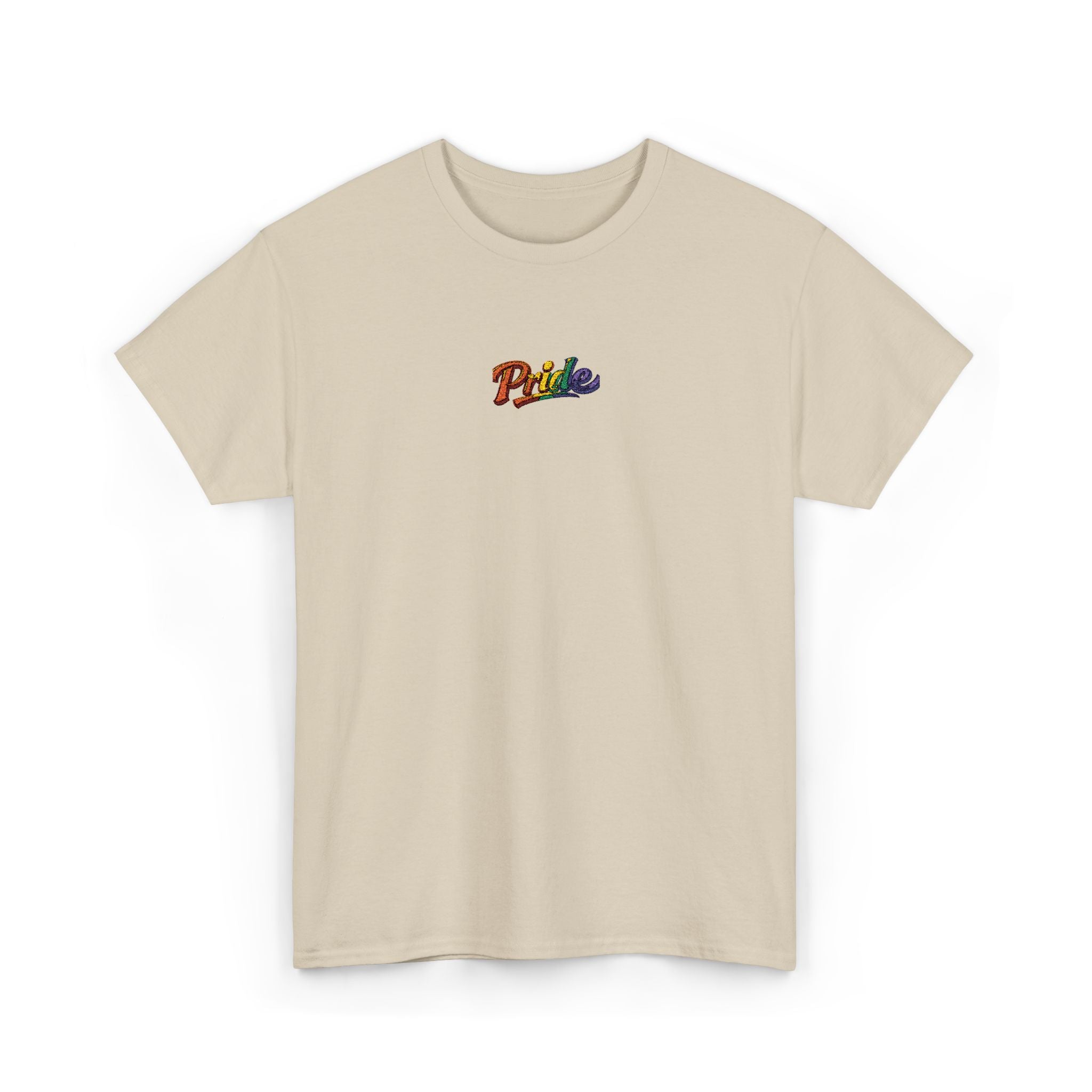 Pride Rainbow Script Tee — "Pride" Small Chest Graphic