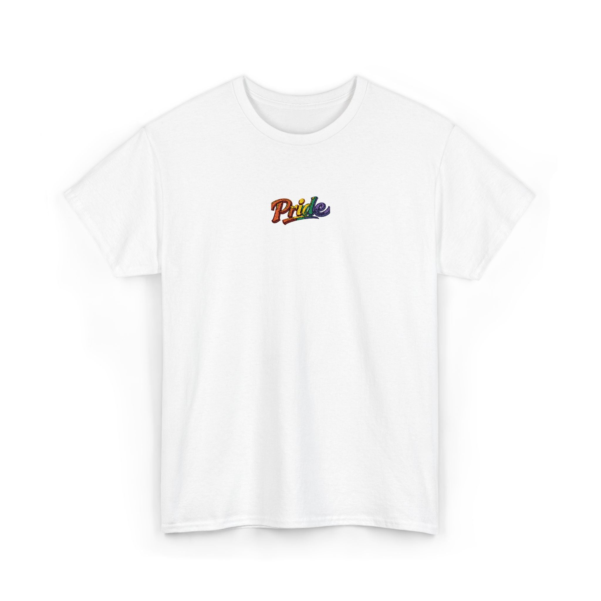 Pride Rainbow Script Tee — "Pride" Small Chest Graphic