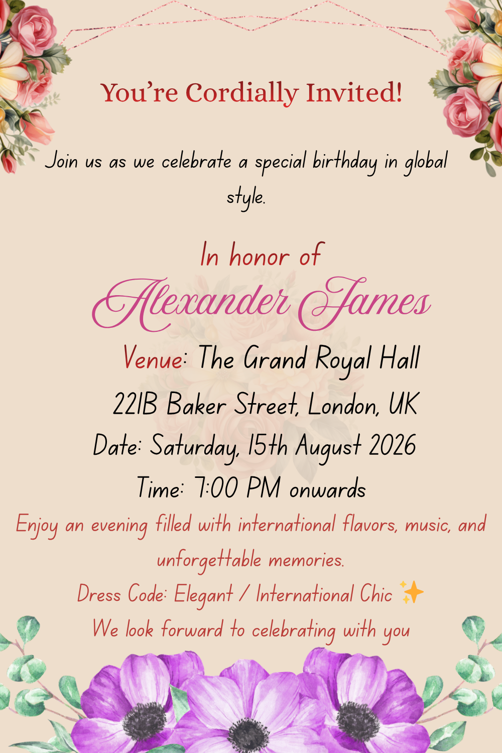 Editable Birthday Invitation Template Canva | Elegant Floral Birthday Invite | Instant Download Party Invitation | International Theme Invite