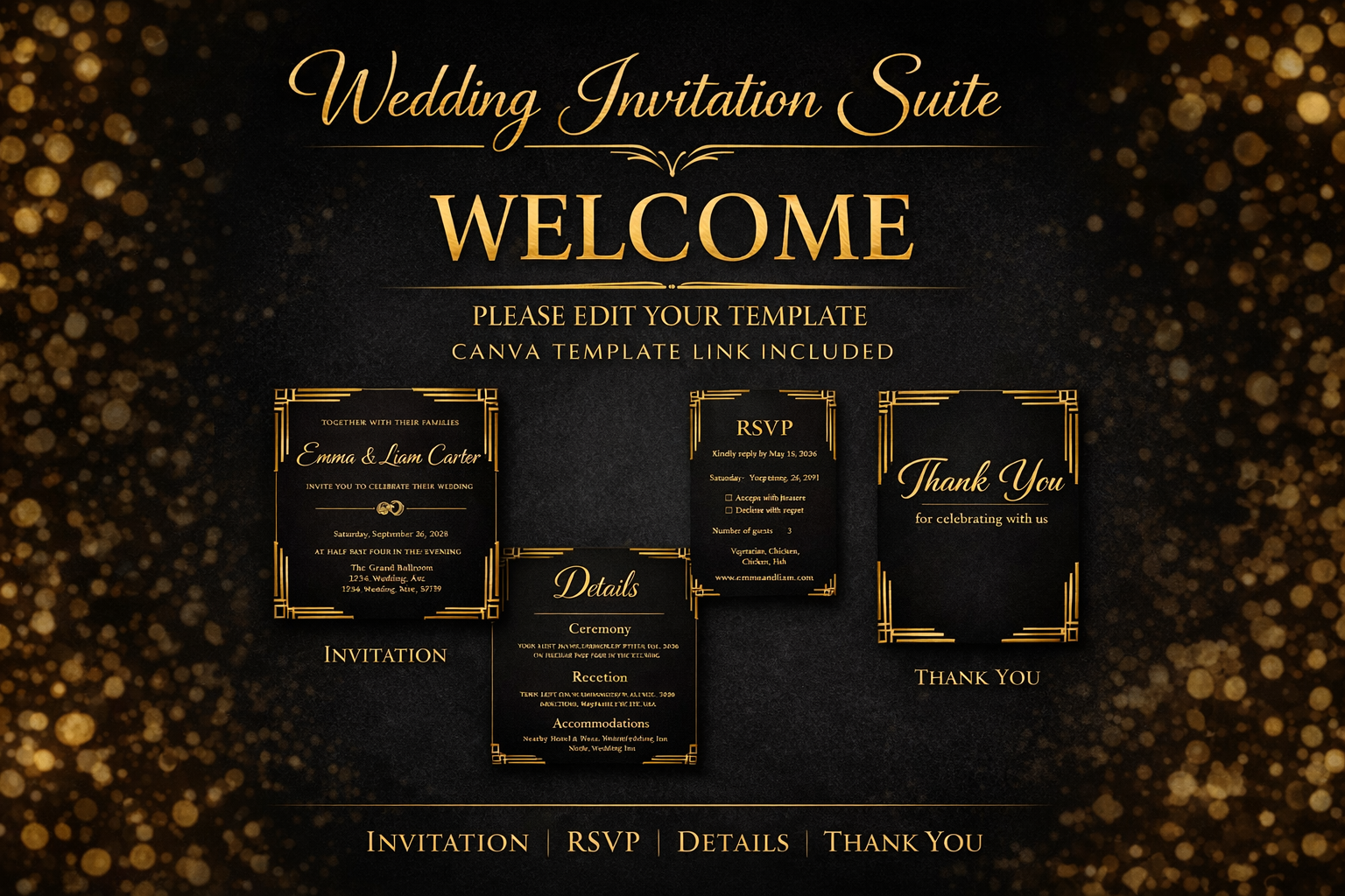 Editable Wedding Invitation Template Suite | Canva Wedding Invite Bundle | RSVP, Details, Thank You Card | Instant Download