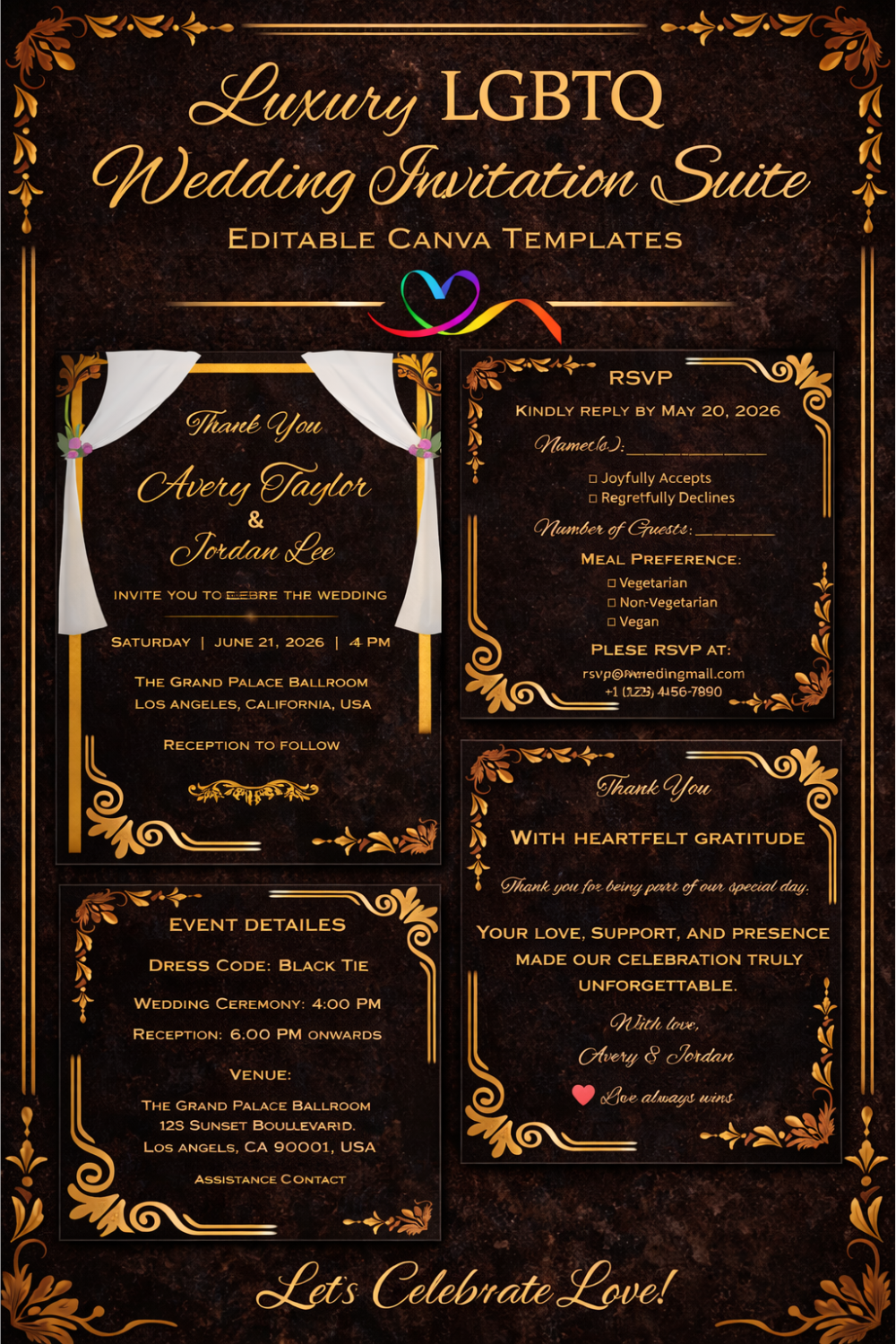 Luxury LGBTQ Wedding Invitation Suite | Editable Canva Template | Black Gold Wedding Invite Set | RSVP, Details & Thank You Cards